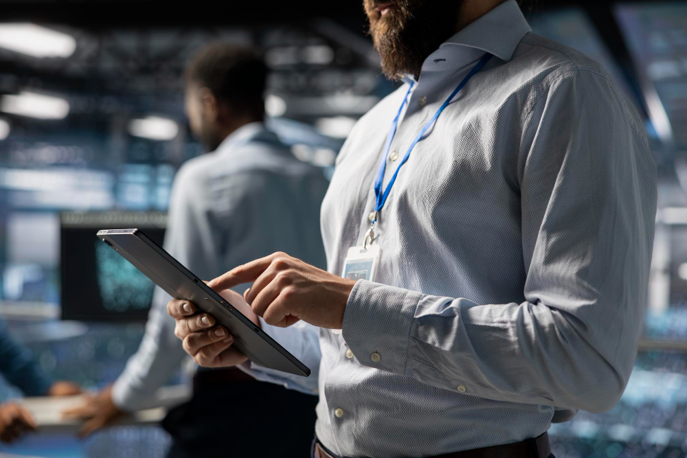 Mitarbeiter in einer Leitstelle nutzt ein Tablet zur Einsatzplanung und Dokumentation im Sicherheitsdienst