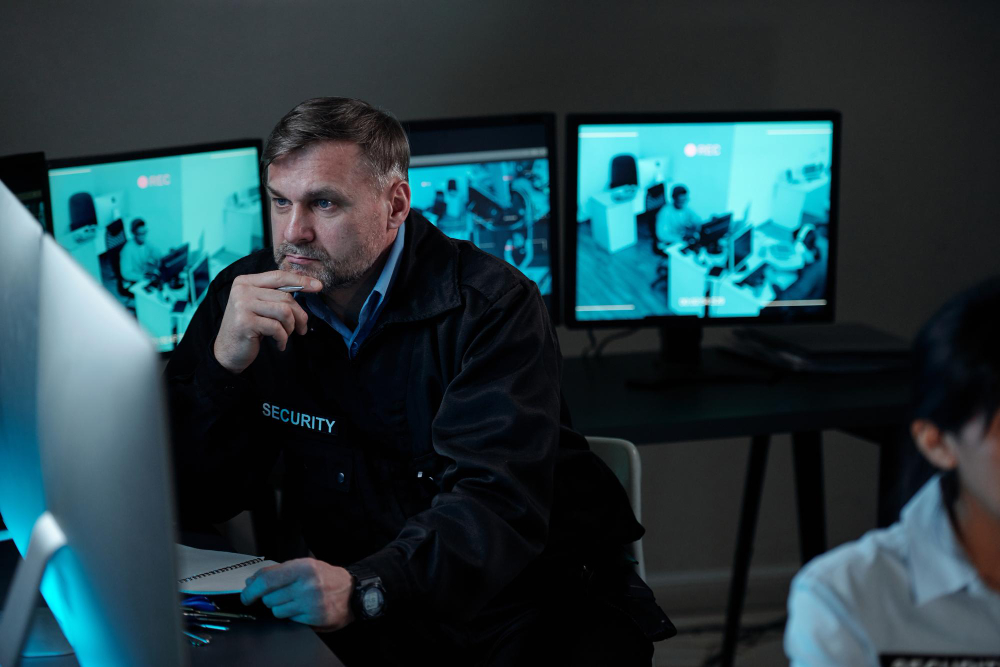 Sicherheitsmitarbeiter überwacht CCTV-Kameras in der Leitstelle und analysiert Livebilder für Objektschutz und schnelle Reaktion